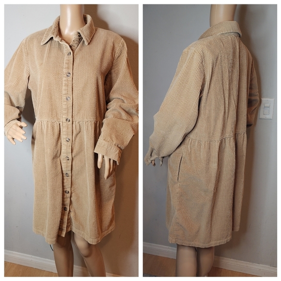 Talbots Corduroy Long Sleeve Tan Button Front Mini Dress Size 14 Pockets - Picture 16 of 16